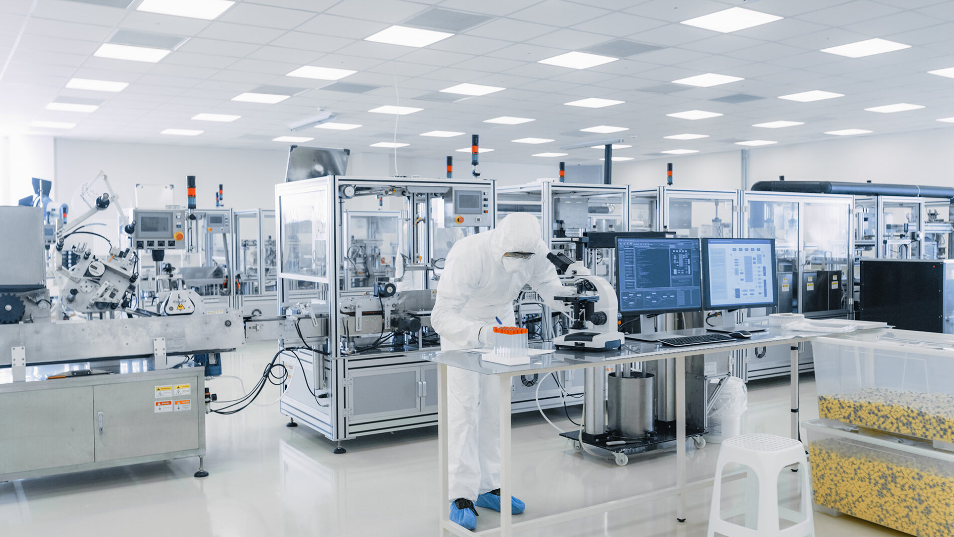 A clean room inside a pharmaceutical manufacturing facility