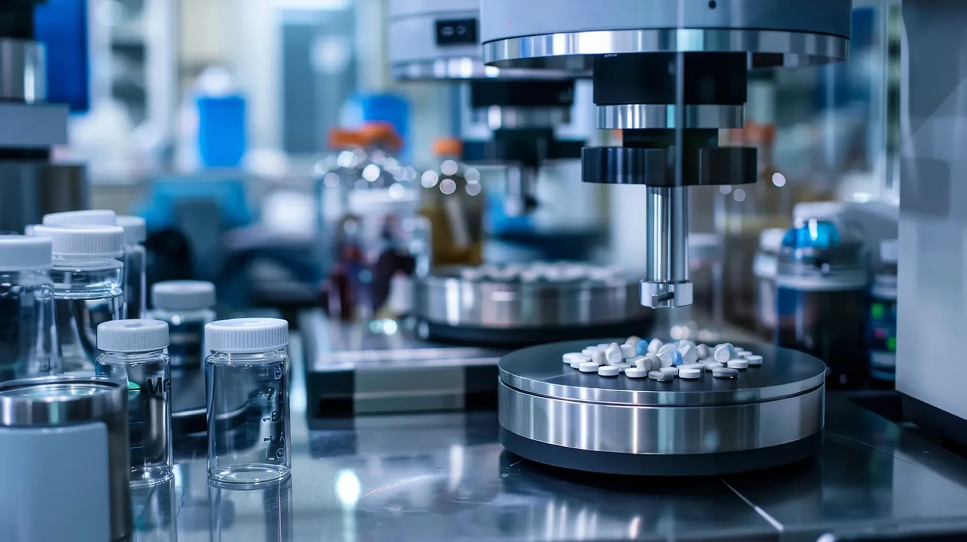 A pharmaceutical lab with drug formulations in progress, showing pill presses and coating machines.