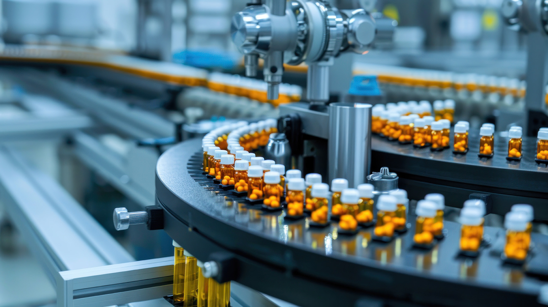 Automated pharmaceutical production line with orange pill bottle