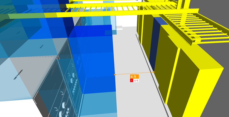 Gray represents electrical gear, while blue indicates the building code's minimum required clearance in front of a high-voltage panel. The 6ft gap is crucial for providing adequate space for maintenance on other electrical equipment (yellow).